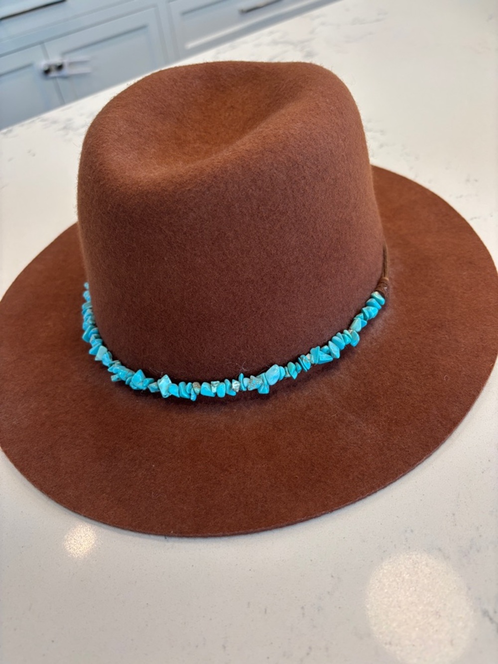 Frye Brown Felt Fedora with Turquoise Bead Band NWT